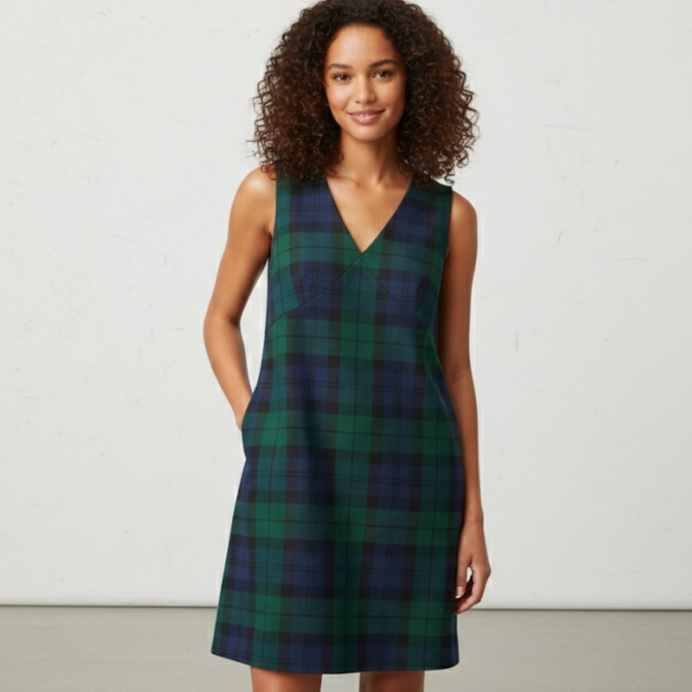 J.Crew Green Tartan Plaid Dress Black Watch Sleeveless Shift Dress Size 14